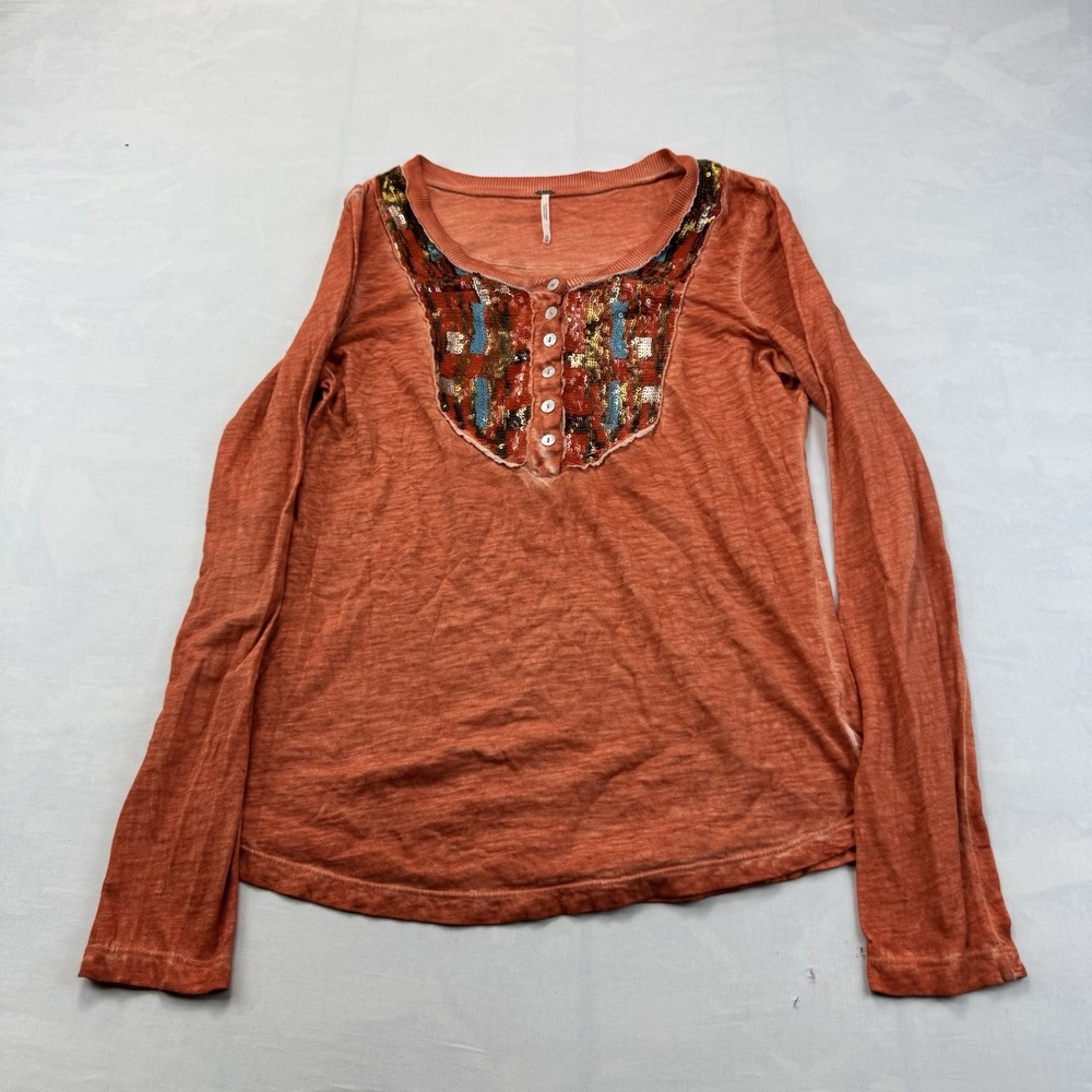 Free People Women Coral Orange Sequin Bib Henley Long Sleeve Burnout Top Size M